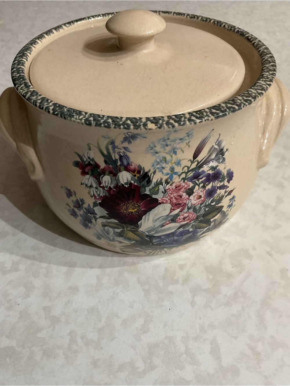 Hand Crafted Cream Ceramic Canister with Multicolor Floral Motif